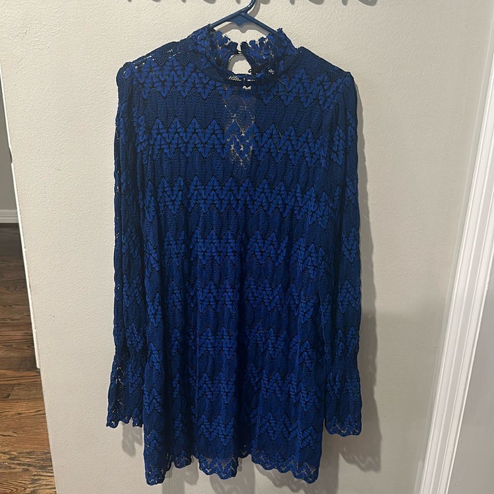 Free People Royal Blue Black Lined Mock Neck Lace Long Sleeve Dress Size Medium